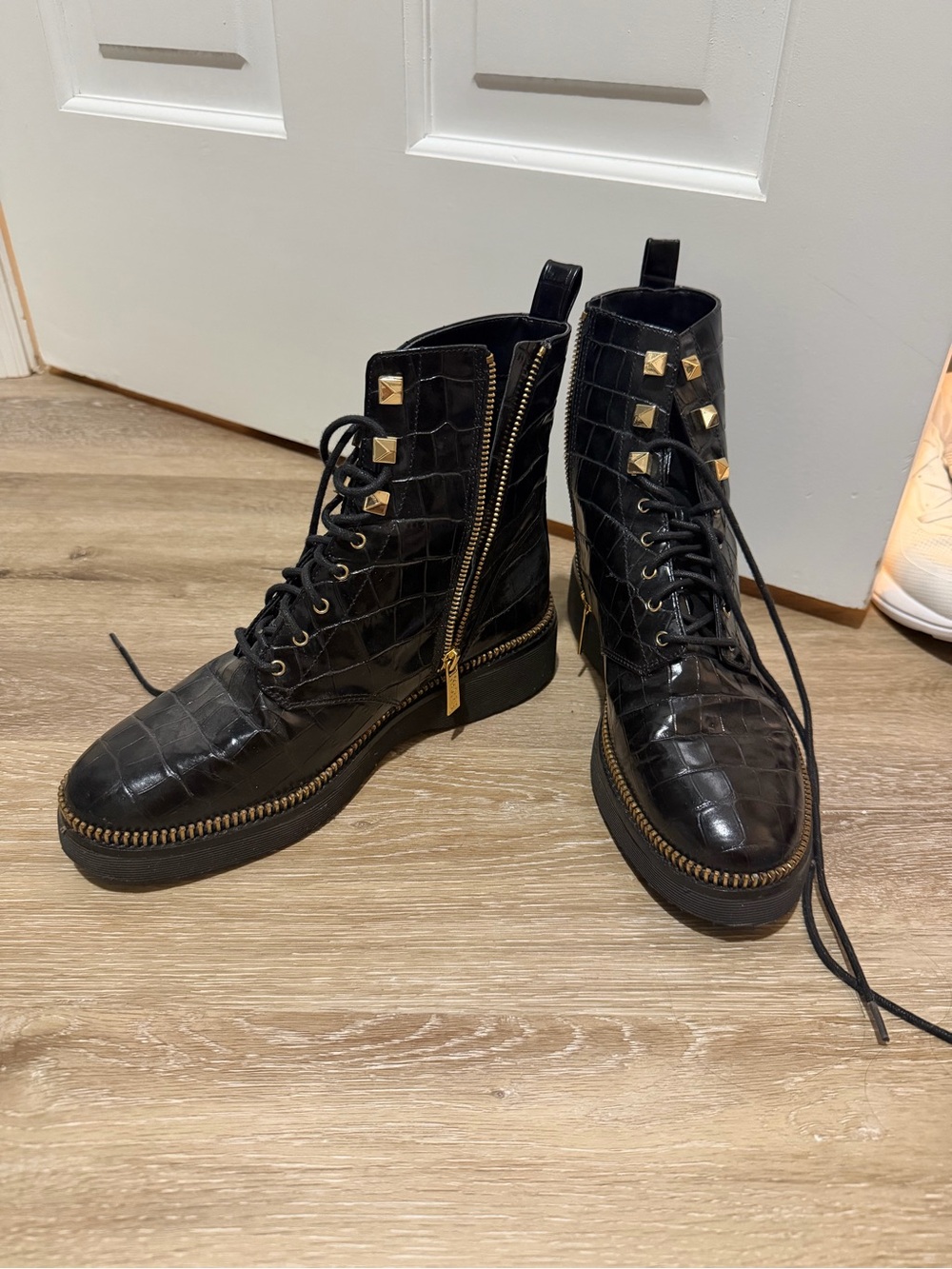 Michael Kors Black Croc-Embossed Lace-Up Combat Boots with Gold Studs